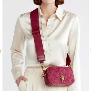 KURT GEIGER Kensington leather suede combo camera wide strap crossbody burgundy
